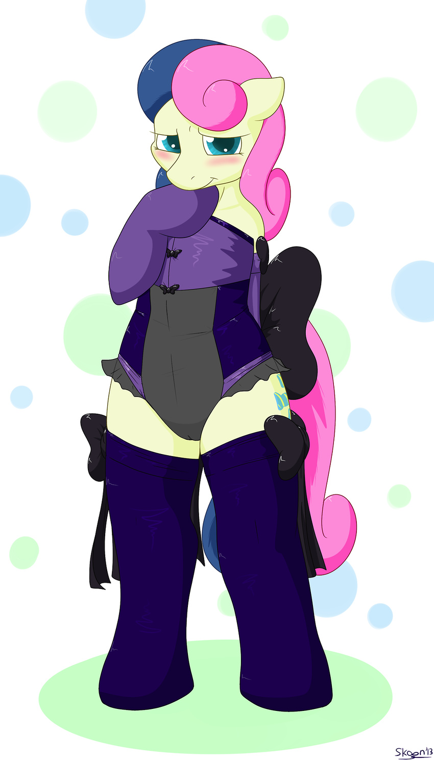 2013 abstract_background anthro anthrofied blue_eyes blush bonbon_(mlp) bow camel_toe clothed clothing corset cutie_mark elbow_gloves equine female friendship_is_magic gloves horse lingerie looking_at_viewer my_little_pony partially_clothed plain_background pony signature skoon smile solo stockings thigh_highs two_tone_hair white_background yellow_fur