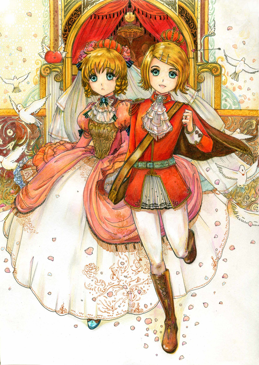 1girl absurdres alien_(alienlolita) bad_id bad_pixiv_id bag bangs bird boots bouquet brother_and_sister colored_pencil_(medium) cross-laced_footwear crossdressing crown dove dress flower gown hair_ornament hairclip highres jewelry kagamine_len kagamine_rin knee_boots lace-up_boots otoko_no_ko pantyhose parted_bangs petals prince princess reverse_trap ring ringlets satchel short_hair siblings smile traditional_media tunic vocaloid
