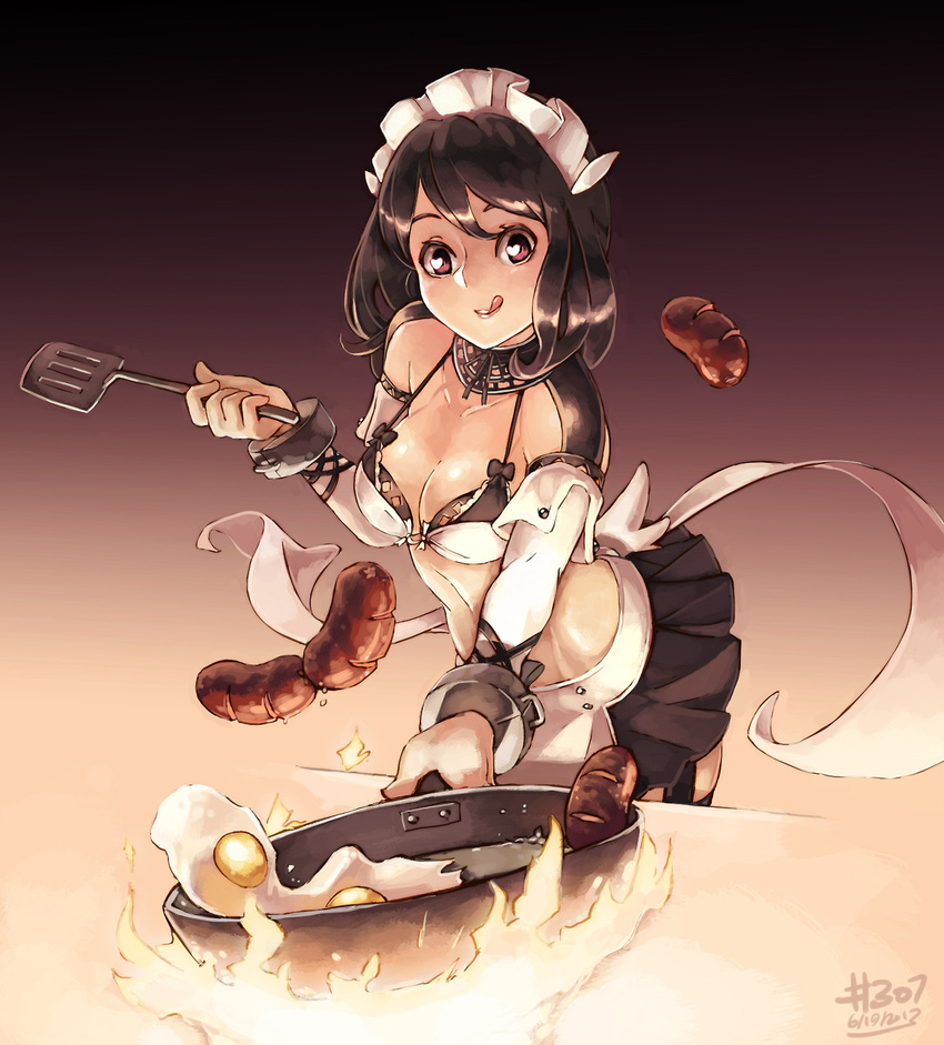 :q apron black_hair black_legwear bra breasts character_request cleavage cooking food fried_egg garter_straps heart heart-shaped_pupils highres junkpuyo licking_lips maid maid_apron maid_headdress midriff red_eyes s4_league sausage short_hair skillet skirt smile solo spatula symbol-shaped_pupils thighhighs tongue tongue_out underwear waist_apron