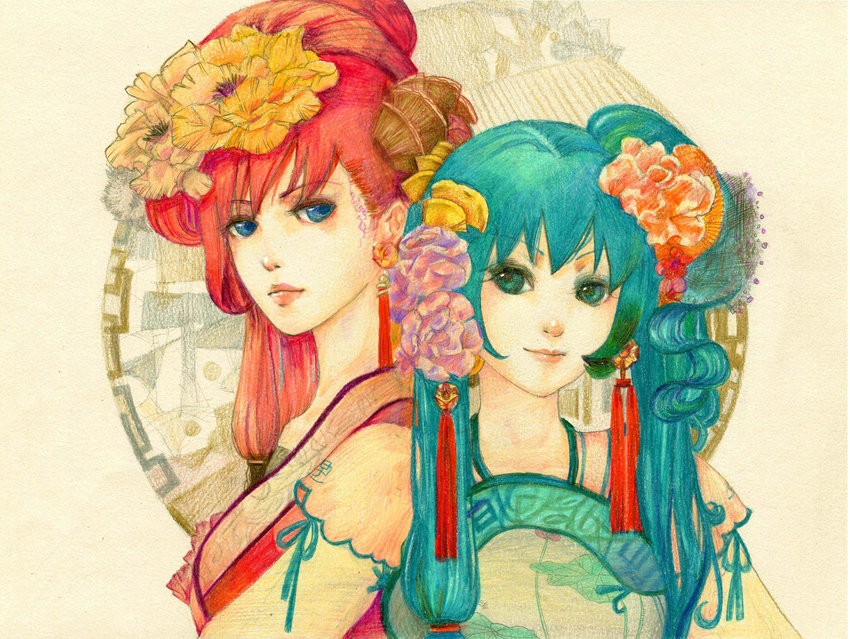 absurdres alien_(alienlolita) alternate_hairstyle bad_id bad_pixiv_id blue_eyes chinese_clothes colored_pencil_(medium) flower green_eyes green_hair hair_flower hair_ornament hatsune_miku highres lips lipstick long_hair makeup megurine_luka multiple_girls nose red_hair side_ponytail smile traditional_media vocaloid