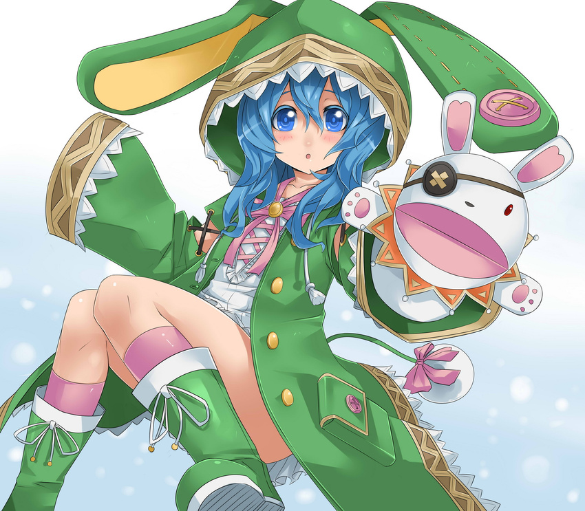 animal_ears animal_hood blue_eyes blue_hair blush boots bunny_ears date_a_live detached_sleeves exaxuxer flat_chest green_footwear hand_puppet highres hood hooded_jacket jacket kneehighs knees_together_feet_apart long_hair pink_legwear puppet rubber_boots snow solo yoshino_(date_a_live) yoshinon