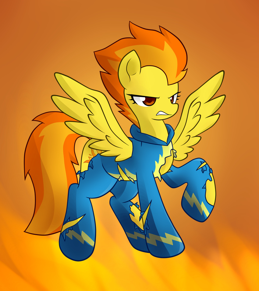 absurd_res amber_eyes bio-999 bodysuit clothed clothing cutie_mark equine female feral friendship_is_magic fur hair hi_res horse mammal my_little_pony one_leg_up orange_hair pegasus pony simple_background skinsuit solo spitfire_(mlp) spread_wings two_tone_hair wings wonderbolts_(mlp) yellow_fur