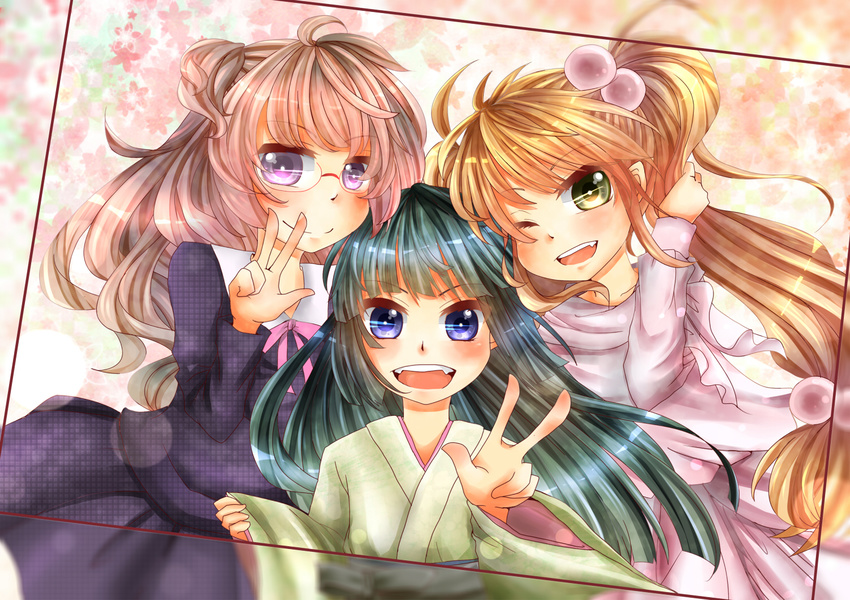 :d ;d azu_kmt black_dress black_hair blue_eyes blush brown_hair dress fang fangs glasses hair_bobbles hair_ornament japanese_clothes kagami_kuro kimono kodomo_no_jikan kokonoe_rin long_hair long_sleeves looking_at_viewer multiple_girls one_eye_closed open_mouth red-framed_eyewear ribbon sleeves_past_wrists smile twintails upper_body usa_mimi v wide_sleeves