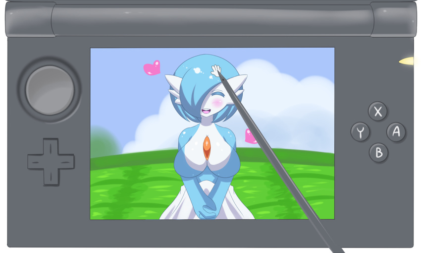 aqua_hair bangs blue_skin blush bob_cut breasts closed_eyes cloud colored_eyelashes day fake_screenshot gardevoir gem gen_3_pokemon grass hair_over_one_eye handheld_game_console hands_clasped hands_together heart jcdr large_breasts nintendo_3ds no_humans open_mouth orange_eyes outdoors own_hands_together petting pokemon pokemon-amie pokemon_(creature) pov shiny_pokemon short_hair sky smile solo stylus swept_bangs teeth upper_body v_arms video_game white_skin