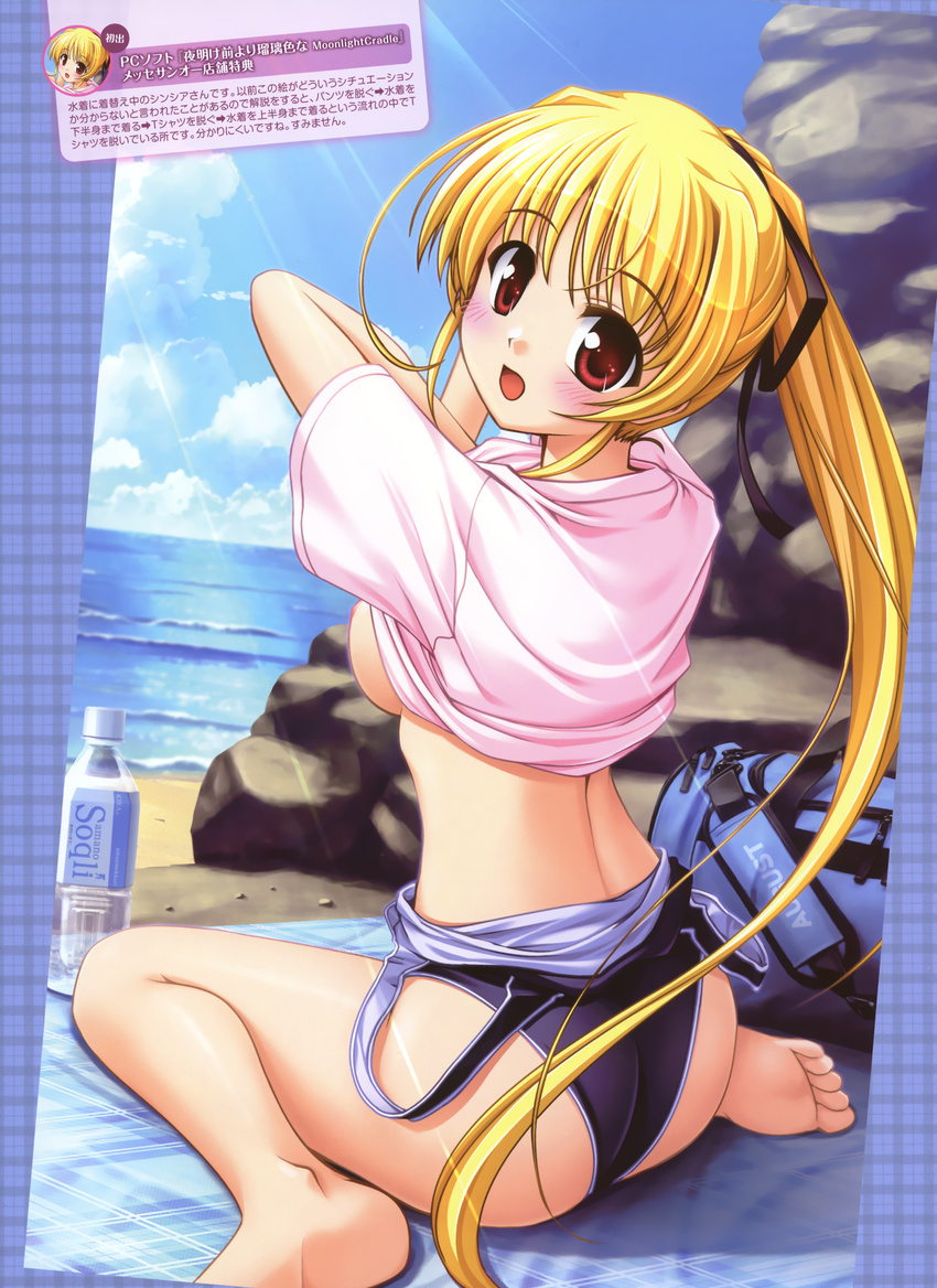 absurdres bag barefoot beach bekkankou blonde_hair blush bottle breasts cynthia_marguerite duffel_bag feet from_behind hair_ribbon highres light_rays long_hair looking_back medium_breasts no_bra one-piece_swimsuit open_mouth plaid plaid_background ponytail red_eyes ribbon scan shirt_lift sideboob sitting solo sunbeam sunlight swimsuit swimsuit_pull toes translation_request undressing very_long_hair wariza water water_bottle yoake_mae_yori_ruri_iro_na