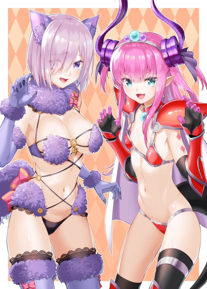 2girls :d absurdres animal_ears argyle argyle_background armor bangs bikini bikini_armor black_gloves black_legwear blue_eyes blush bow breasts cape cleavage commentary_request cowboy_shot curled_horns dangerous_beast detached_collar diadem elbow_gloves elizabeth_bathory_(fate) elizabeth_bathory_(fate)_(all) elizabeth_bathory_(halloween)_(fate) eyebrows_visible_through_hair eyes_visible_through_hair fang fate/grand_order fate_(series) flat_chest fur-trimmed_gloves fur-trimmed_legwear fur_collar fur_trim gloves hair_over_one_eye highres large_breasts looking_at_viewer mash_kyrielight multiple_girls navel open_mouth pink_bow pink_hair pointy_ears purple_eyes purple_gloves purple_hair purple_legwear red_bikini revealing_clothes saruchitan short_hair shoulder_armor smile spaulders standing stomach swimsuit tail thighhighs two_side_up v-shaped_eyebrows vambraces white_cape wolf_ears wolf_tail