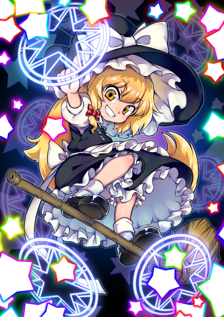 1girl apron black_footwear black_hat black_skirt black_vest blonde_hair bow broom broom_surfing buttons chibi commentary_request danmaku downscaled_revision frilled_skirt frills full_body grin hair_bow hat hat_bow highres ifelt_(tamaki_zutama) index_finger_raised kirisame_marisa long_hair looking_at_viewer magic_circle md5_mismatch puffy_short_sleeves puffy_sleeves red_bow shoes short_sleeves skirt skirt_set smile socks solo star touhou vest waist_apron white_bow white_legwear witch_hat yellow_eyes