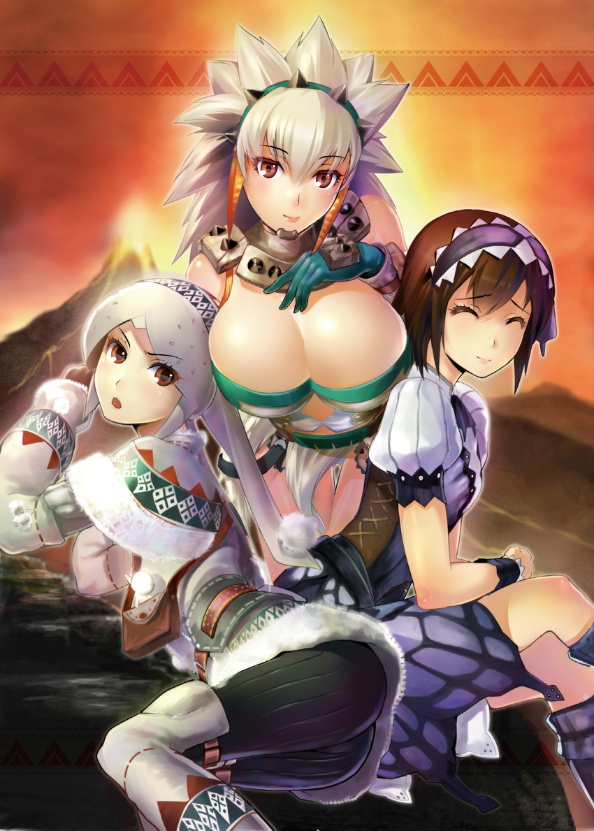 absurdres armor barioth_(armor) bnahabra_(armor) breasts brown_hair cleavage gloves hairband highres lagombi_(armor) large_breasts looking_at_viewer looking_back momose_hisashi monster_hunter monster_hunter_3 multiple_girls short_hair smile