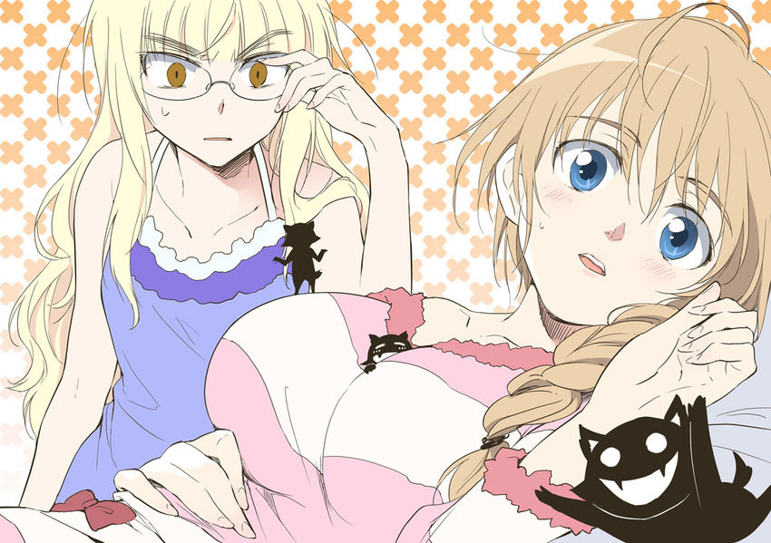 adjusting_eyewear agahari blonde_hair blue_eyes braid breast_envy breasts brown_hair glasses hair_over_shoulder large_breasts long_hair lying lynette_bishop miyafuji_yoshika multiple_girls on_back orange_eyes pajamas parted_lips perrine_h_clostermann silhouette_demon single_braid strike_witches world_witches_series