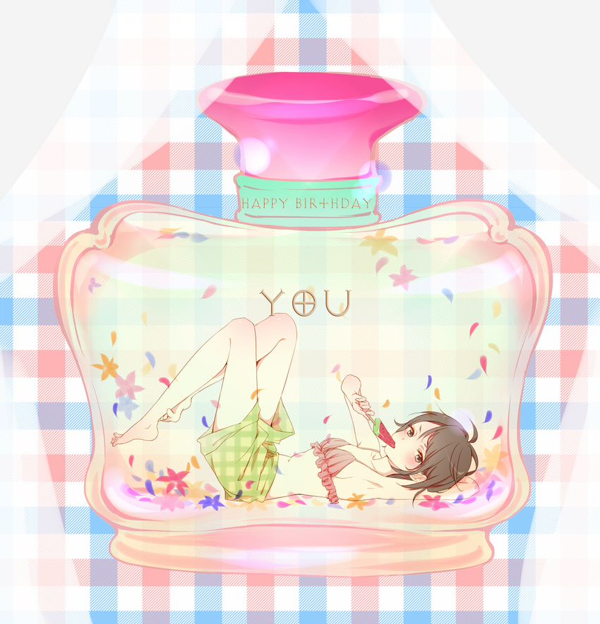 arm_behind_head bad_id bad_pixiv_id barefoot bikini_top bottle brown_eyes brown_hair curtains eating flower food frills happy_birthday highres in_bottle in_container legs_up lying on_back original petals plaid plaid_background popsicle short_hair shorts solo teti watermelon_bar