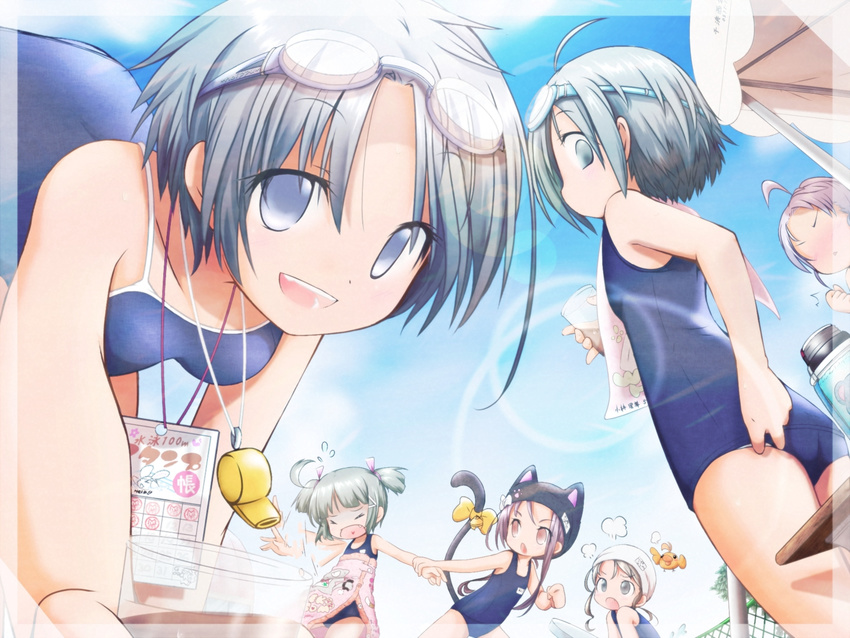 adjusting_clothes adjusting_swimsuit akino_coto animal_ears animal_hood bow cat_ears cat_hood cat_tail closed_eyes highres hood looking_at_viewer md5_mismatch multiple_girls one-piece_swimsuit open_mouth original school_swimsuit short_hair swimsuit tail
