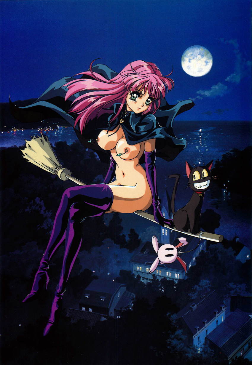 absurdres black_cat boots breasts broom broom_riding building cape cat copyright_request crossed_legs dark elbow_gloves flying full_moon gloves green_eyes high_heels highres large_breasts long_hair mon_mon moon mountain navel night night_sky nipple_piercing nipples ocean outdoors piercing pink_hair shoes sidesaddle sitting sky smile thigh_boots thighhighs water witch