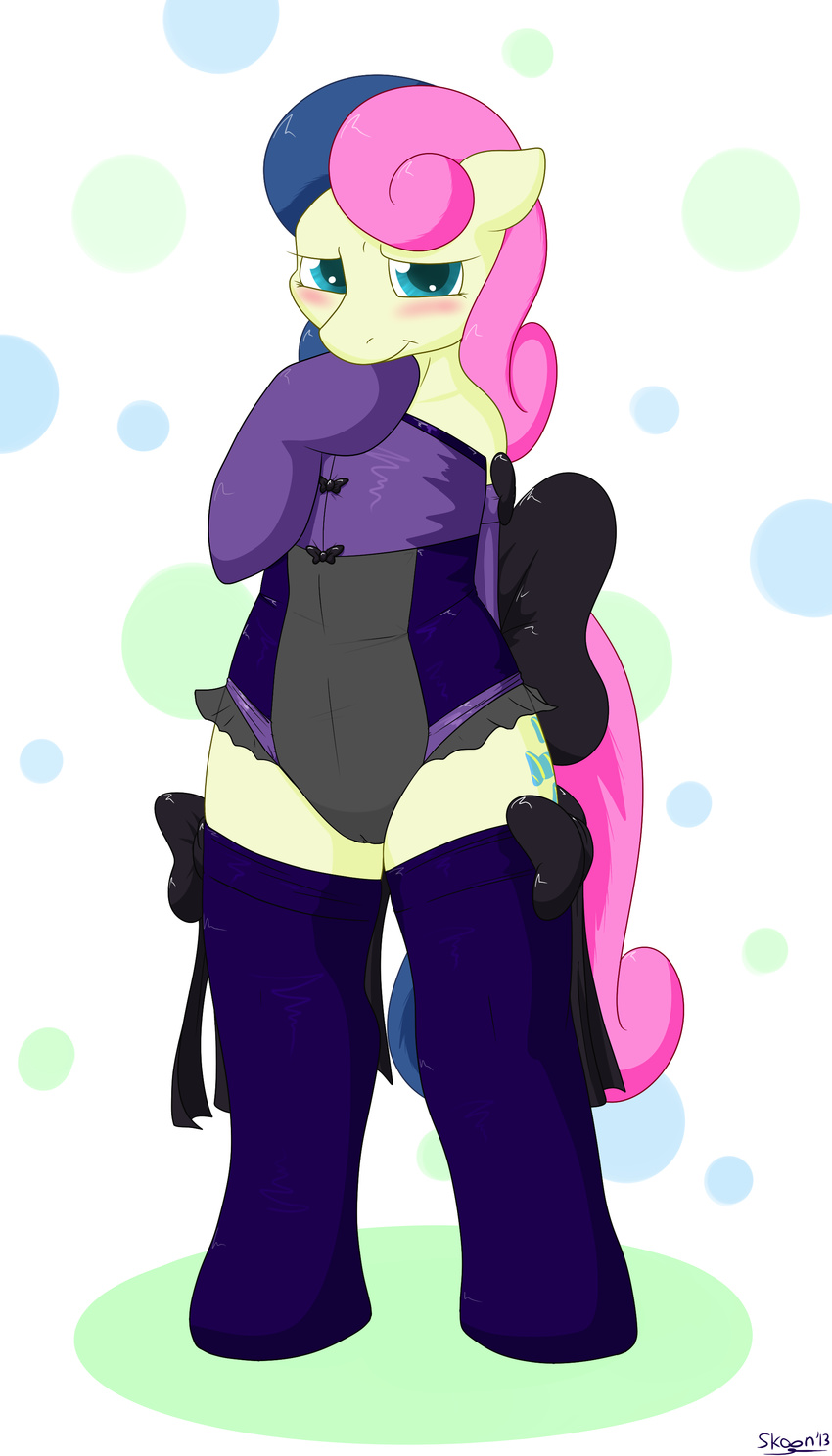 abstract_background anthro anthrofied blue_eyes blush bonbon_(mlp) bow camel_toe clothed clothing corset cutie_mark elbow_gloves equine female friendship_is_magic fur gloves hair hi_res horse legwear lingerie looking_at_viewer mammal my_little_pony partially_clothed plain_background pony signature skoon smile solo stockings thigh_highs two_tone_hair white_background yellow_fur