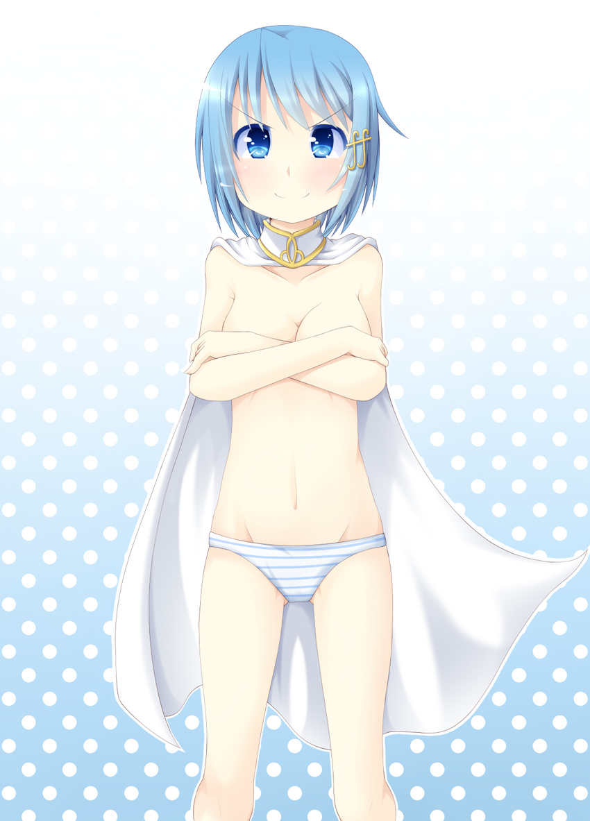 &gt;:) anri-agnes blue_eyes blue_hair blush breasts cape cleavage crossed_arms hair_ornament highres mahou_shoujo_madoka_magica medium_breasts miki_sayaka panties polka_dot polka_dot_background short_hair smile solo striped striped_panties topless underwear underwear_only v-shaped_eyebrows