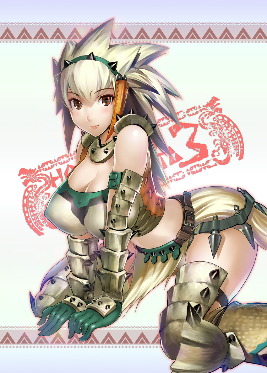 absurdres armor barioth_(armor) breasts cleavage covered_nipples gloves hairband highres kneeling large_breasts looking_at_viewer momose_hisashi monster_hunter monster_hunter_3 solo