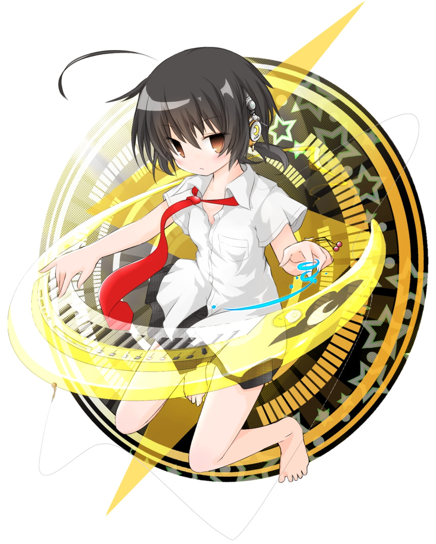 ahoge akino_coto barefoot black_hair full_body headphones highres instrument keyboard_(instrument) looking_at_viewer md5_mismatch original short_hair simple_background solo white_background