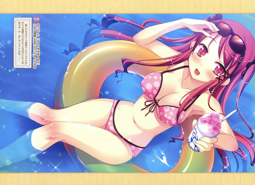 :d absurdres afloat arm_up bikini breasts cleavage eyewear_on_head food front-tie_top highres hinomiya_ayari innertube ko~cha long_hair medium_breasts navel official_art open_mouth partially_submerged pink_bikini polka_dot polka_dot_bikini polka_dot_swimsuit red_eyes red_hair rotated scan shaved_ice smile solo sunglasses swimsuit water witch's_garden