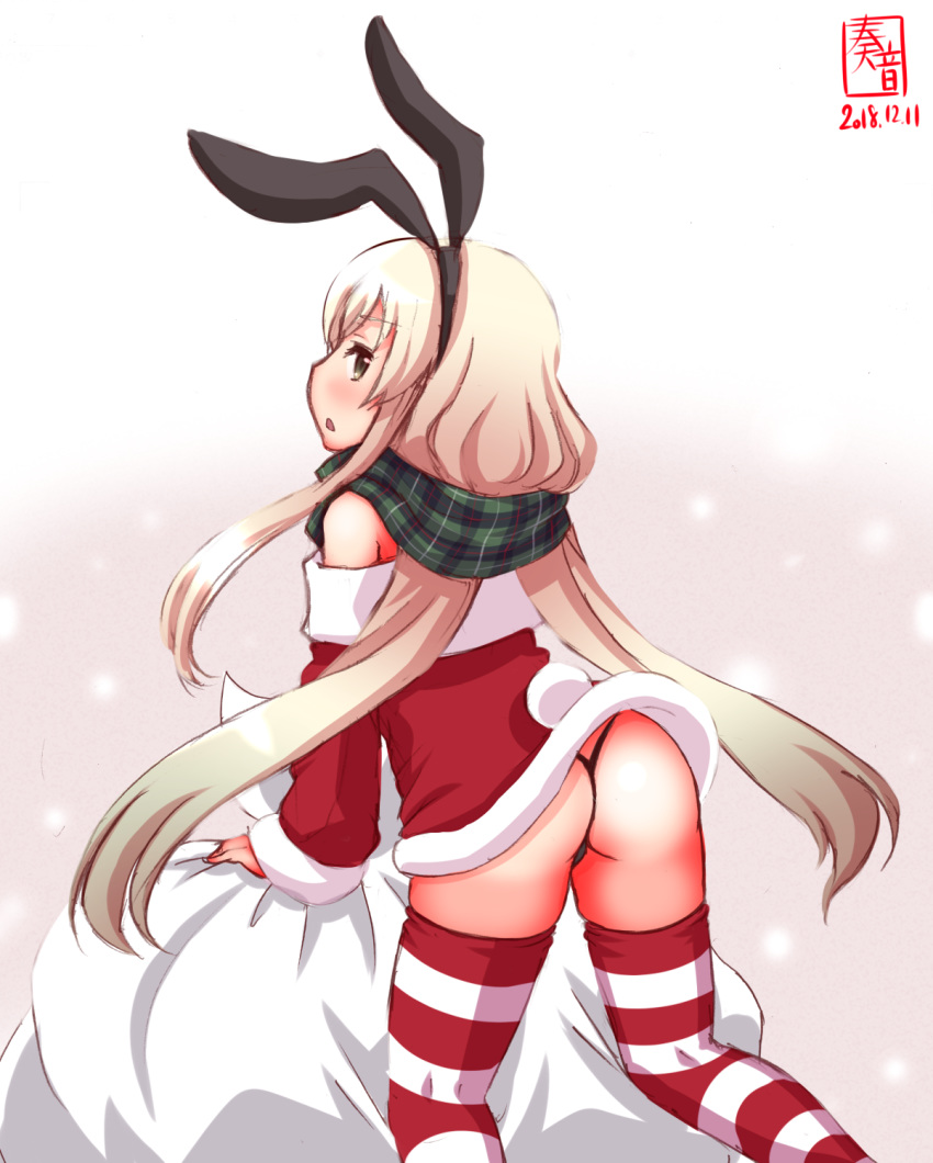 1girl alternate_costume artist_logo ass black_panties blonde_hair christmas cowboy_shot dated dress eyebrows_visible_through_hair gradient gradient_background grey_background grey_eyes hair_between_eyes hair_over_shoulder hairband highres kanon_(kurogane_knights) kantai_collection long_hair looking_at_viewer looking_back meme_attire miniskirt panties sack santa_costume scarf school_uniform serafuku shimakaze_(kantai_collection) short_dress signature skirt snow solo striped striped_legwear thighhighs thong underwear white_background