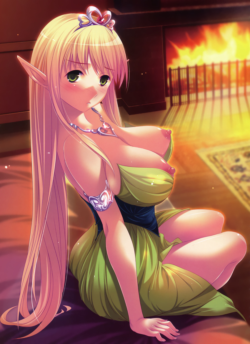 absurdres armlet bed blonde_hair breasts collarbone copyright_request crown dress elf fence fireplace green_dress green_eyes highres jewelry large_breasts long_hair looking_at_viewer necklace nipple_slip nipples pointy_ears shinonome_kazuhiko sitting tareme