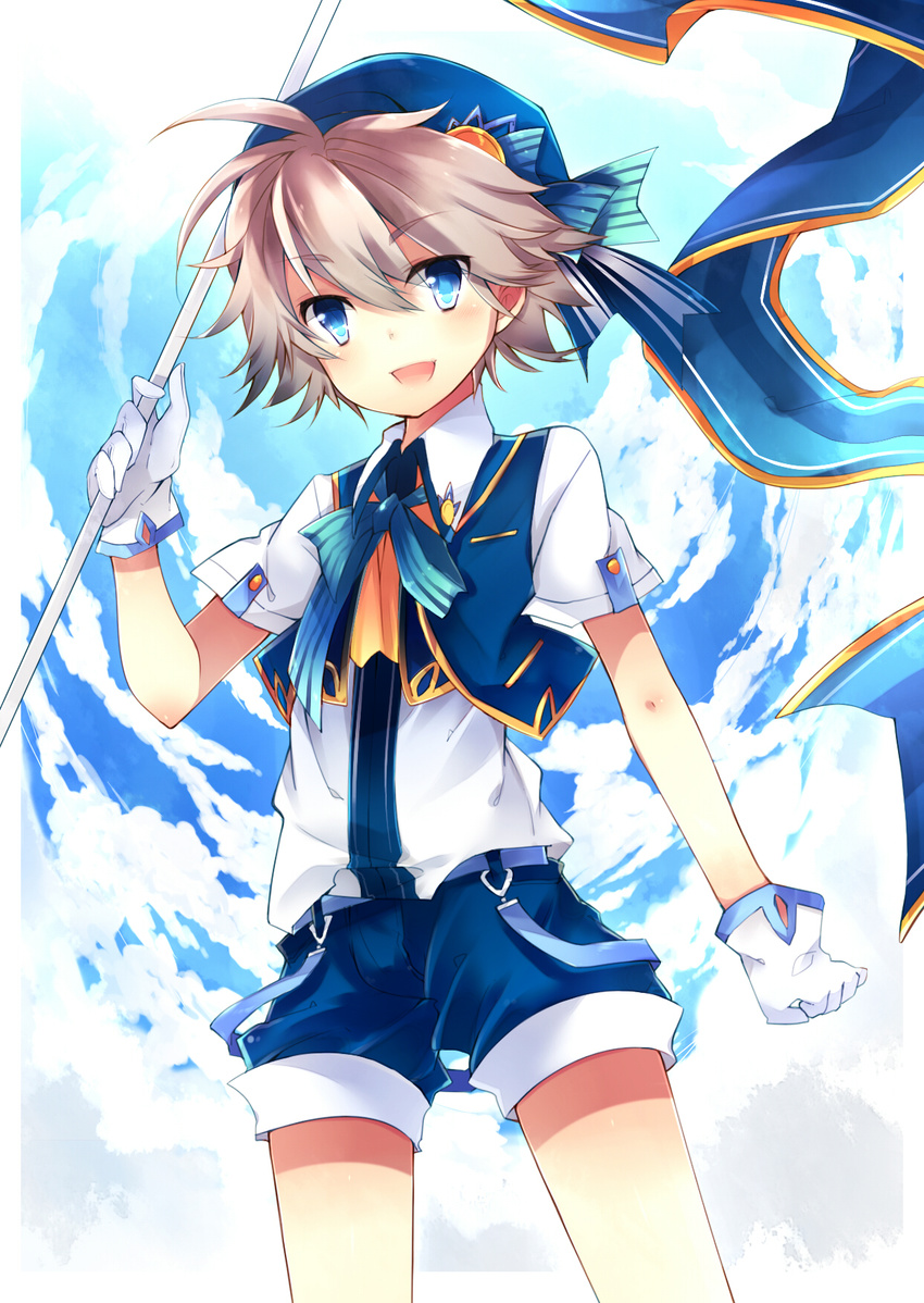 bandana blue_eyes blush bow brown_hair cloud cloudy_sky flag gloves highres leeannpippisum looking_at_viewer male_focus open_mouth original shorts sky smile solo white_gloves