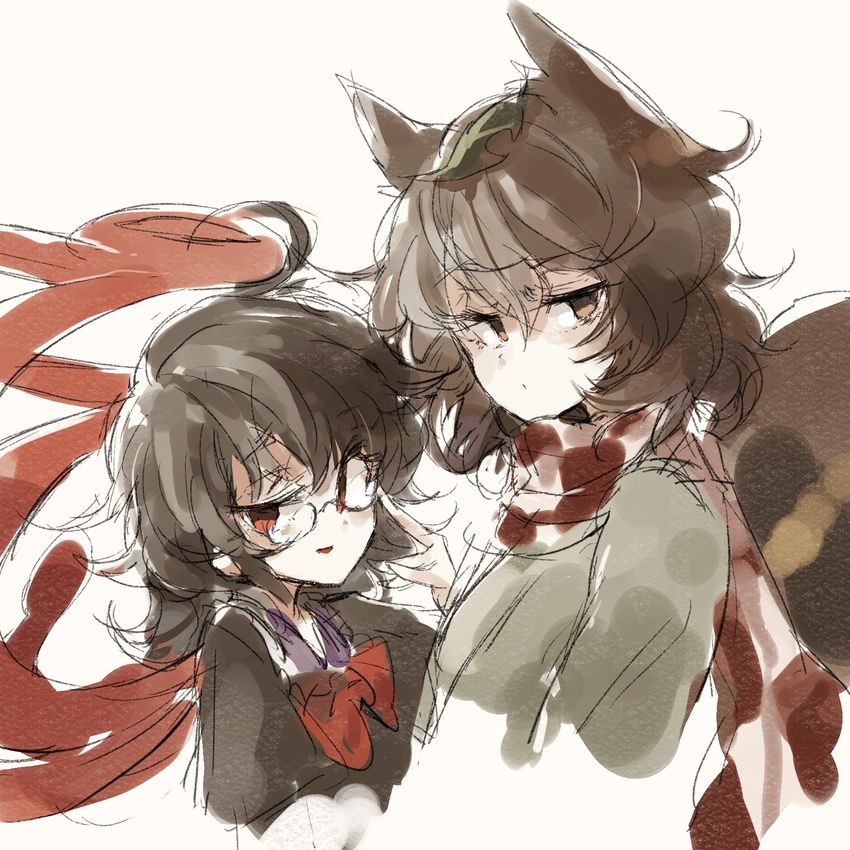 ahoge animal_ears asymmetrical_wings bespectacled black_hair borrowed_garments bow brown_eyes brown_hair futatsuiwa_mamizou glasses highres hisona_(suaritesumi) houjuu_nue leaf leaf_on_head multiple_girls no_eyewear raccoon_ears raccoon_tail red_eyes scarf short_hair tail touhou upper_body wings