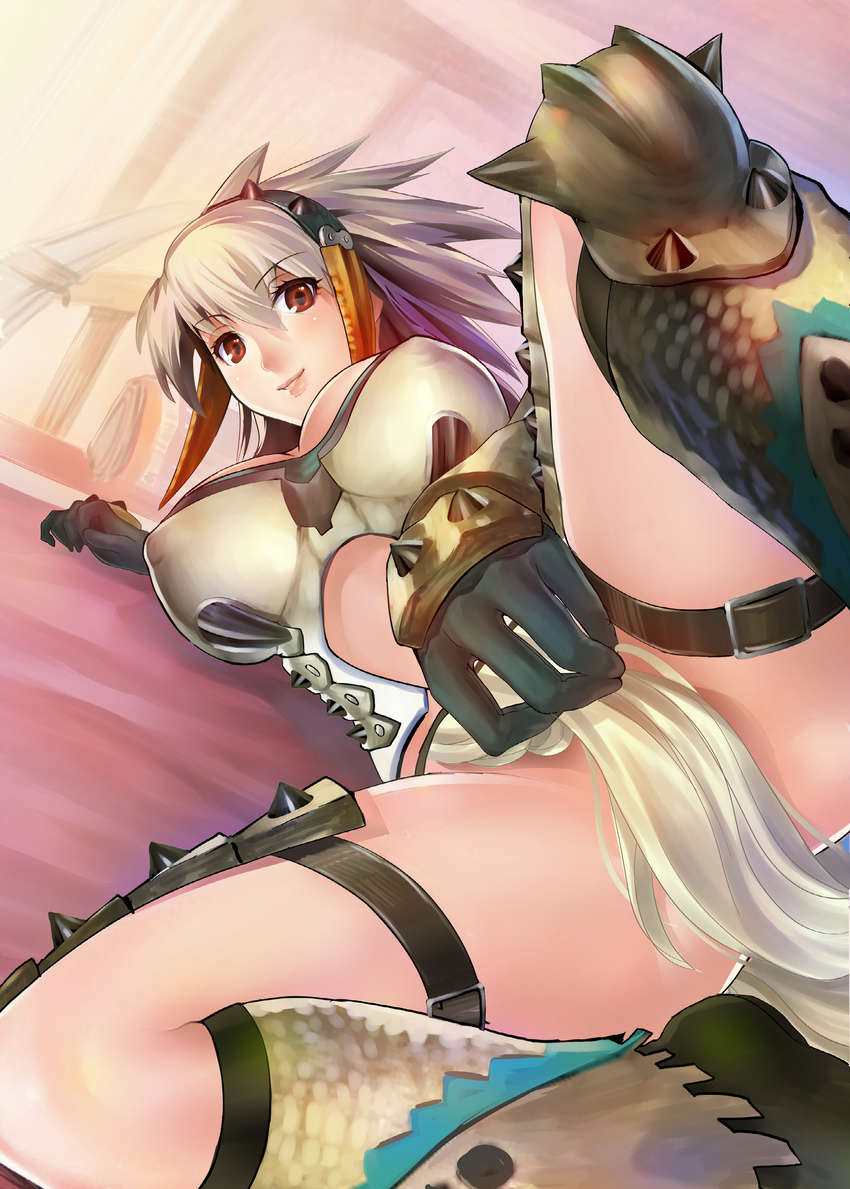 absurdres armor barioth_(armor) breasts covered_nipples gloves hairband highres large_breasts lying momose_hisashi monster_hunter monster_hunter_3 no_panties red_eyes smile solo spread_legs