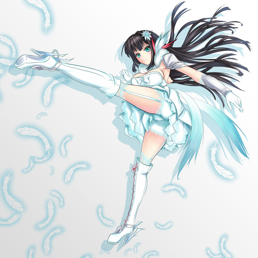 aqua_eyes black_hair boots breasts cross-laced_footwear dress eyeshadow feathers frills frown full_body gloves hair_ornament highres kicking knee_boots lace-up_boots long_hair makeup medium_breasts melanie_malachite miyabi_urumi rwby solo standing standing_on_one_leg white_background