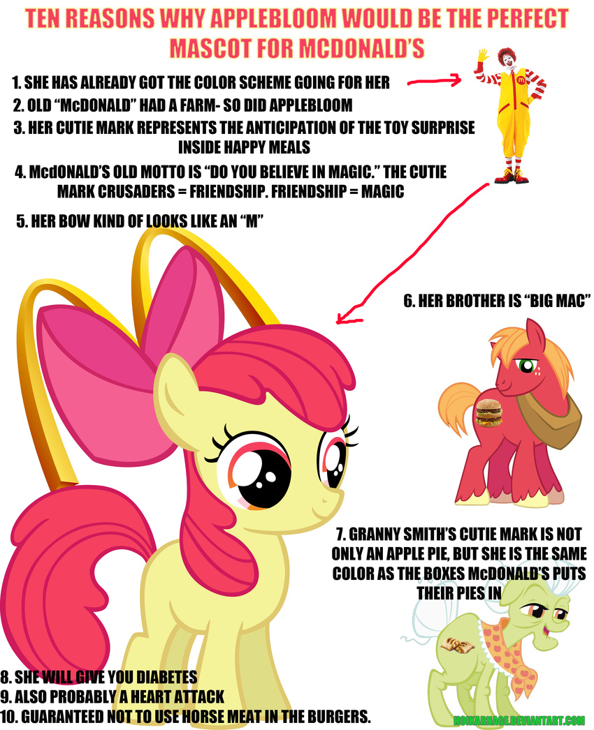 amber_eyes apple_bloom_(mlp) apple_pie big_mac big_macintosh_(mlp) blonde_hair bow cutie_mark english_text equine female feral freckles friendship_is_magic granny_smith_(mlp) green_eyes hair hoikarnage horse human humor joke male mammal my_little_pony pony red_hair ronald_mcdonald text the_truth white_hair yoke