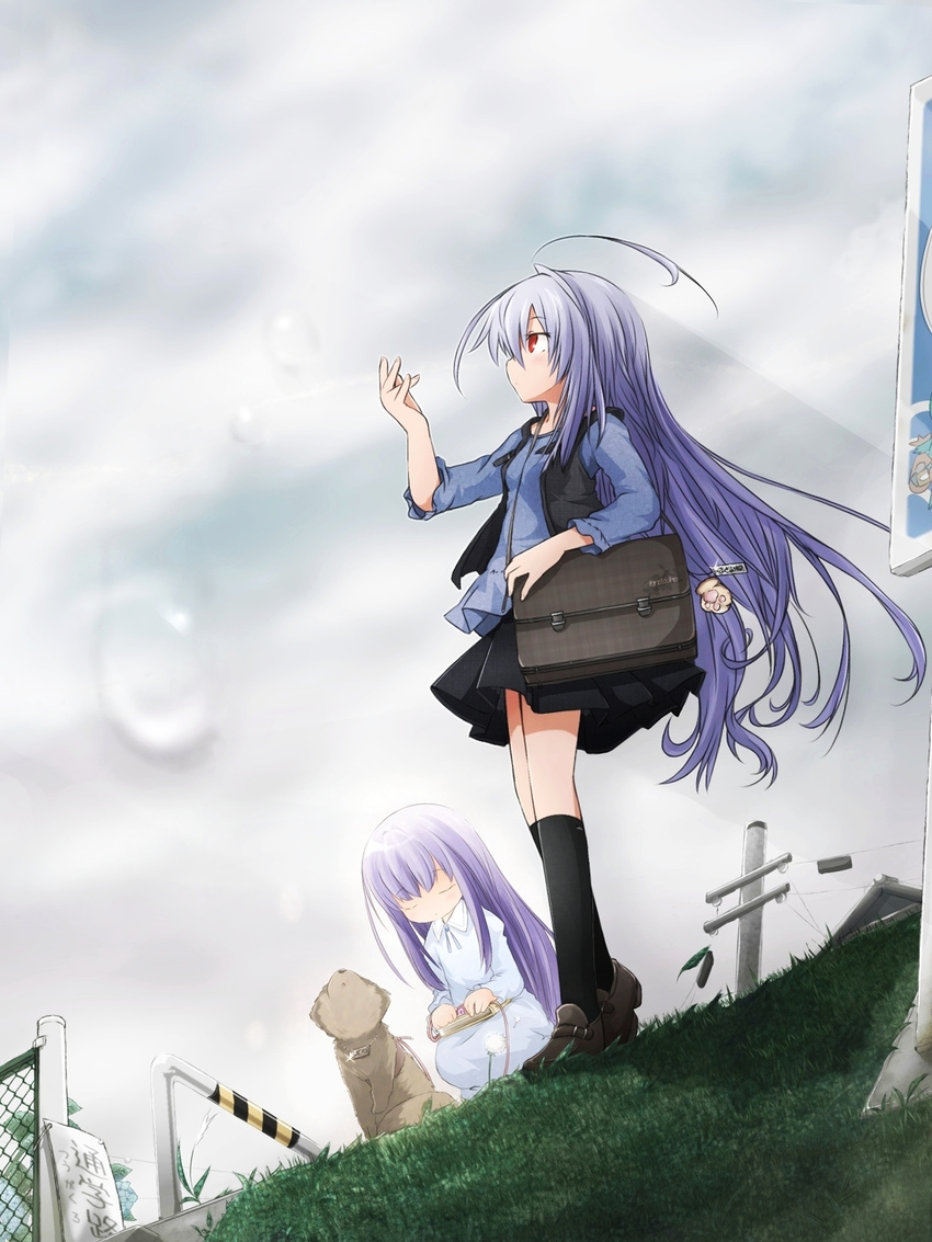 akino_coto bad_id bad_pixiv_id closed_eyes cloud cloudy_sky highres multiple_girls original purple_hair red_eyes skirt sky