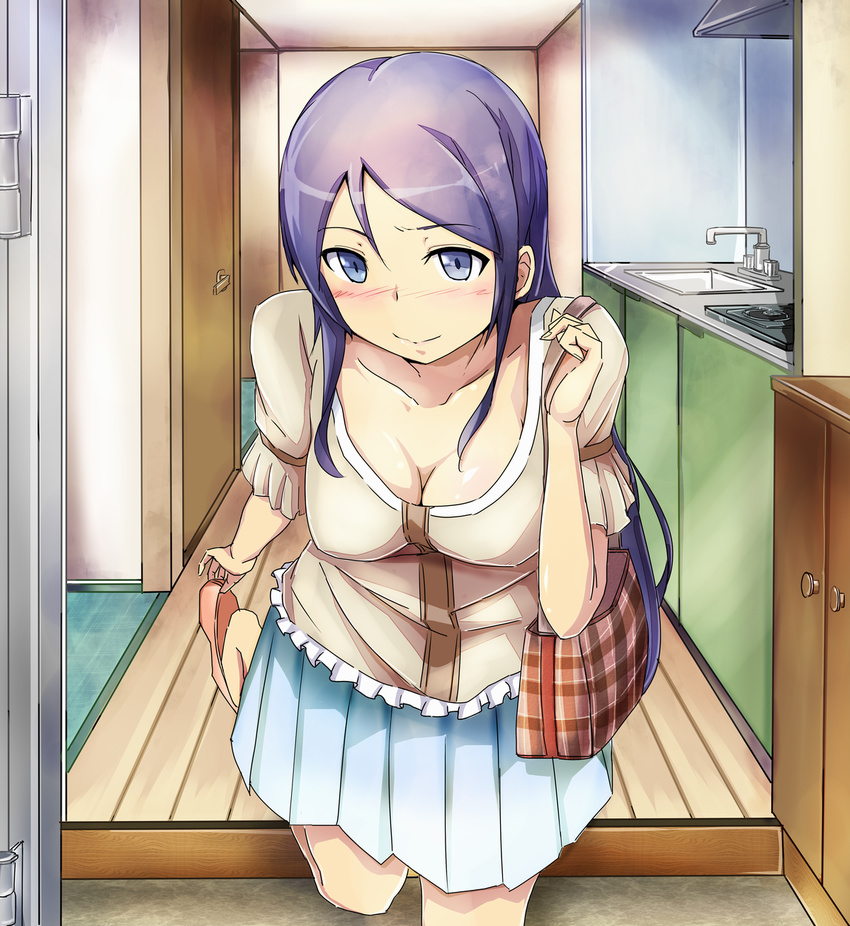 aragaki_ayase bag blue_eyes blush breasts cleavage collarbone highres koma_(wsgtt1300) long_hair medium_breasts ore_no_imouto_ga_konna_ni_kawaii_wake_ga_nai purple_hair skirt smile solo