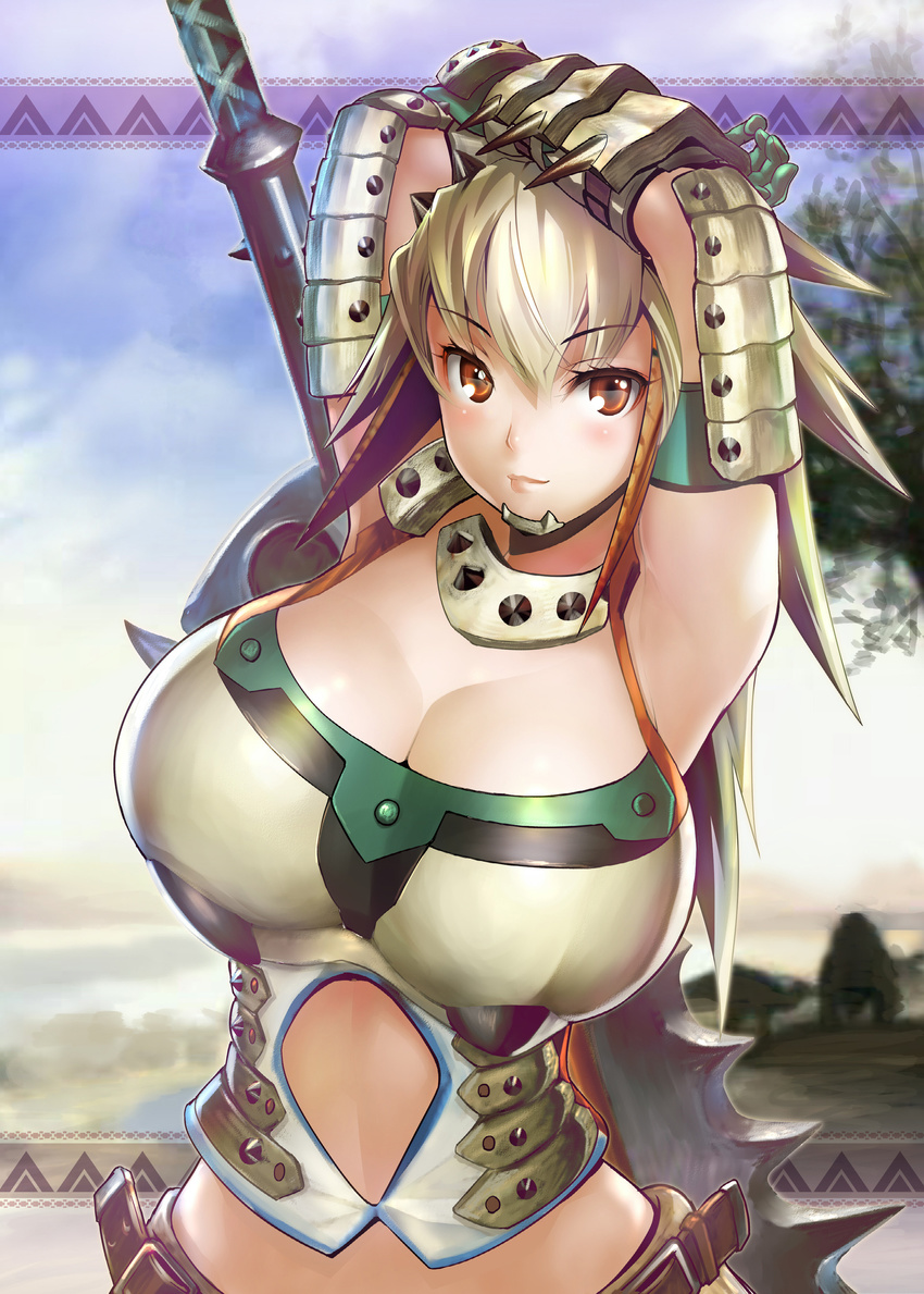 absurdres armor armpits arms_behind_head arms_up barioth_(armor) breasts cleavage highres large_breasts momose_hisashi monster_hunter monster_hunter_3 red_eyes smile solo sword weapon