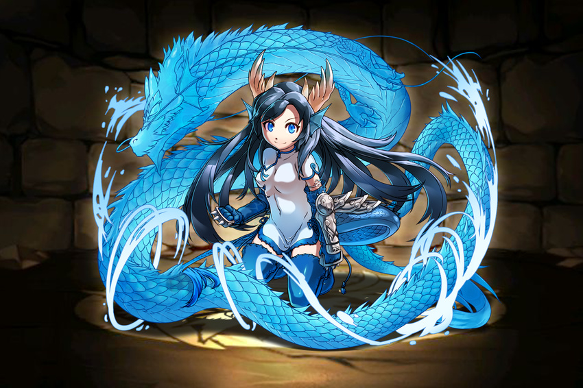 animal_ears blue_eyes blue_legwear boots china_dress chinese_clothes dragon dragon_ears dragon_girl dragon_horns dragon_tail dress eastern_dragon gauntlets horns karin_(p&amp;d) kneeling long_hair magma_chipmunk monster_girl puzzle_&amp;_dragons qinglong_(mythology) smile spiked_knuckles tail thigh_boots thighhighs
