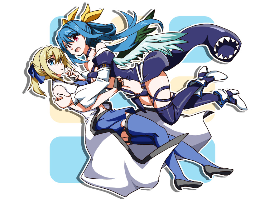 asymmetrical_wings bare_shoulders black_legwear blonde_hair blue_eyes blue_hair blue_legwear blush boots bow breasts choker cleavage detached_sleeves dizzy garter_straps genderswap genderswap_(mtf) gloves guilty_gear hair_bow holding_hands ky_kiske kyko large_breasts long_hair m.u.g.e.n multiple_girls navel open_clothes open_mouth open_shirt ponytail red_eyes ribbon ryuuri_(aoithigo) shirt shoes skirt smile tail tail_ribbon thighhighs twintails wings zettai_ryouiki