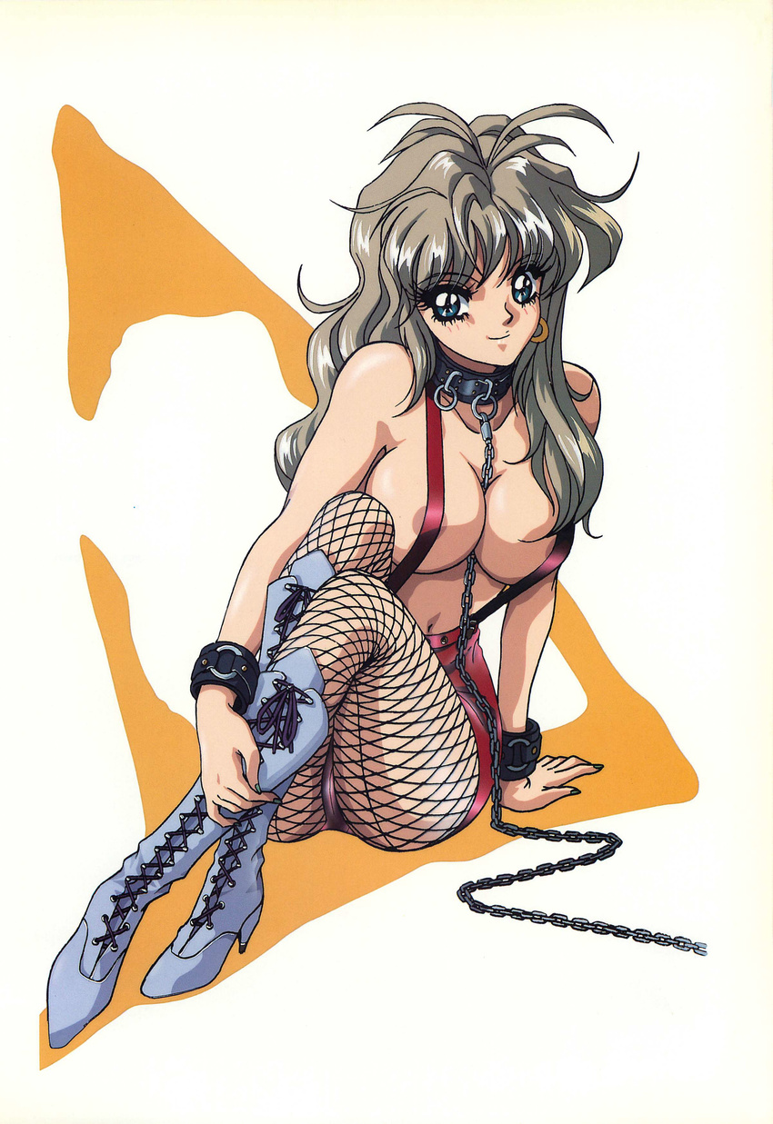 absurdres areolae between_breasts blue_eyes boots breasts brown_hair chain cleavage collar copyright_request cuffs earrings fishnet_pantyhose fishnets highres jewelry large_breasts leash long_hair mon_mon nipples pantyhose sitting smile solo