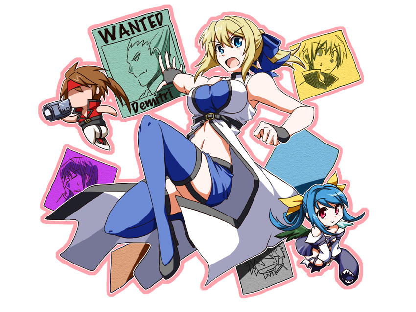 asymmetrical_wings bare_shoulders black_legwear blonde_hair blue_eyes blue_hair blue_legwear boots bow breasts brown_hair choker cleavage crossover demitri_maximoff detached_sleeves dizzy fingerless_gloves garter_straps genderswap genderswap_(mtf) gloves guilty_gear hair_bow headband ky_kiske kyko kyon large_breasts long_hair m.u.g.e.n multiple_girls navel open_clothes open_mouth open_shirt ponytail red_eyes ribbon ryuuri_(aoithigo) shirt shoes skirt smile sol_badguy suzumiya_haruhi_no_yuuutsu tail thighhighs twintails vampire_(game) video_camera wings zettai_ryouiki