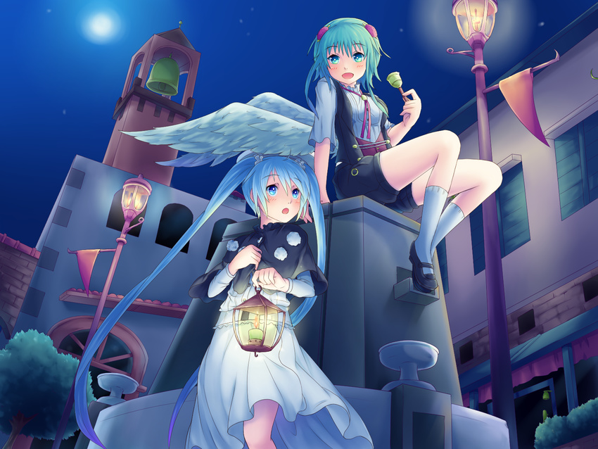 bad_id bad_pixiv_id bell_tower blue_eyes blue_hair dress green_eyes green_hair gumi hatsune_miku highres lantern long_hair multiple_girls open_mouth sakakidani shoes sitting socks twintails very_long_hair vocaloid wings