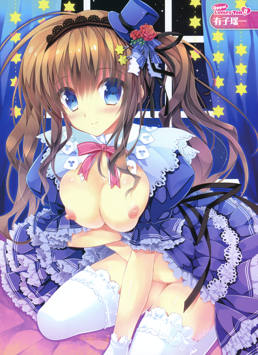 absurdres ariko_youichi blue_dress blue_eyes blush breasts breasts_outside brown_hair copyright_request dress hat highres large_breasts looking_at_viewer mini_hat mini_top_hat nipples no_bra no_panties puffy_short_sleeves puffy_sleeves red_ribbon ribbon short_sleeves sitting star tareme thighhighs top_hat wariza white_legwear window