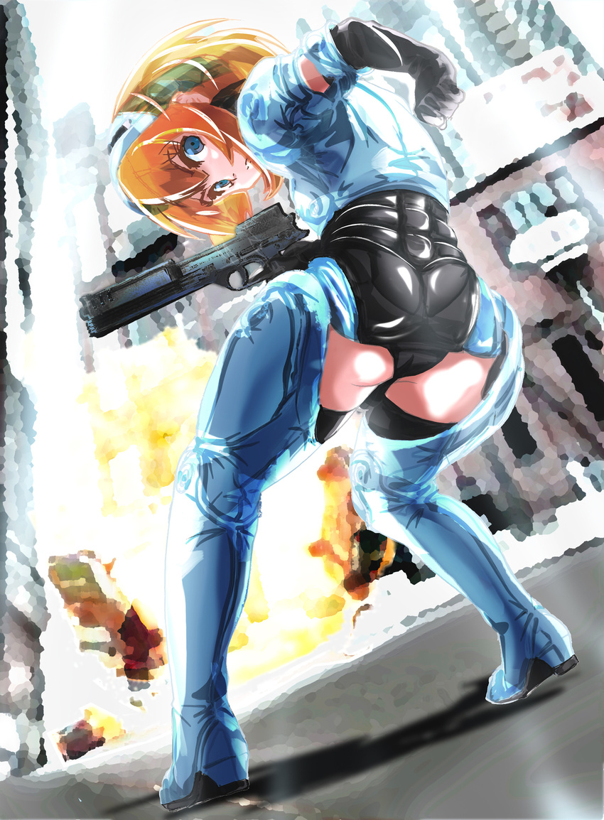 armor ass auto-9 blonde_hair blue_eyes boots boticon city cosplay cyborg dutch_angle explosion genderswap gloves gun handgun high_heels highres looking_at_viewer male_focus otoko_no_ko parody robocop robocop_(character) science_fiction serious shoes solo visor weapon