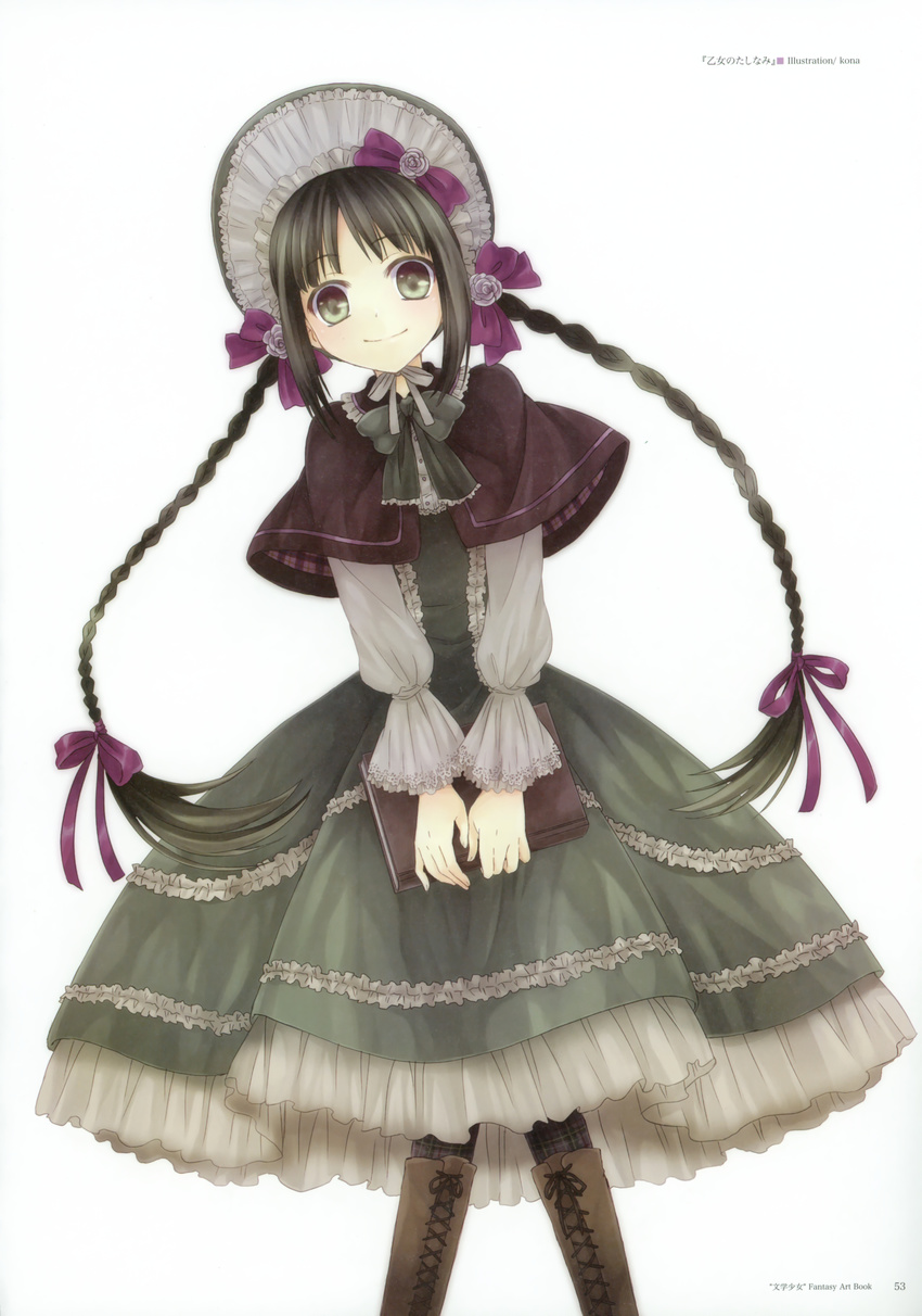 1girl absurdres amano_tooko black_hair bonnet book bow braid bungaku_shoujo capelet dress flower frills gothic_lolita green_eyes hair_ribbon hairband hat highres kona_(canaria) lolita_fashion long_hair long_sleeves looking_at_viewer pantyhose ribbon scan signature simple_background smile solo standing tress_ribbon twin_braids twintails very_long_hair white_background