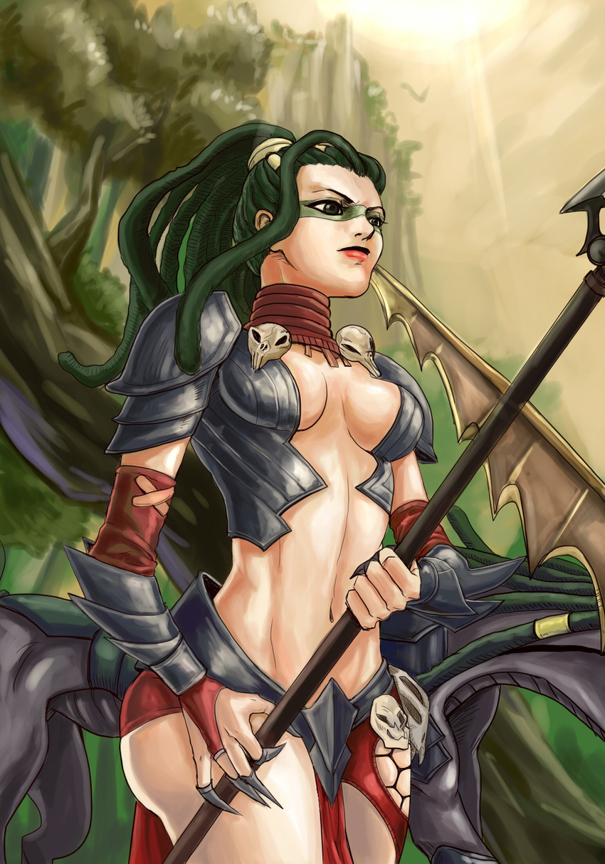 bad_id bad_pixiv_id breasts cleavage facial_mark green_eyes hairlocs highres league_of_legends long_hair nidalee polearm skull solo spear talonez weapon