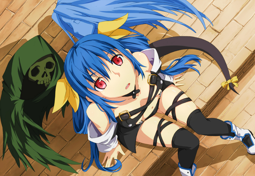 asymmetrical_wings bare_shoulders blue_hair blush boots bow breasts choker cleavage dizzy guilty_gear hair_bow highres large_breasts long_hair looking_up md5_mismatch midriff navel necro_(guilty_gear) open_mouth red_eyes ribbon sblack skull solo tail tail_ribbon thighhighs twintails underboob undine_(guilty_gear) wings