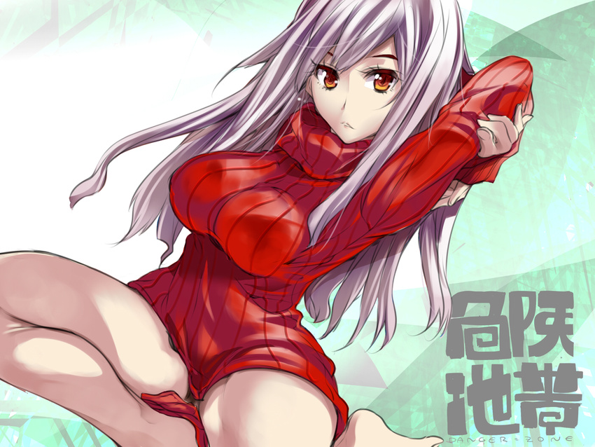 arm_up breasts brown_eyes dutch_angle large_breasts long_hair naked_sweater original parted_lips ribbed_sweater silver_hair solo sweater tokita_monta