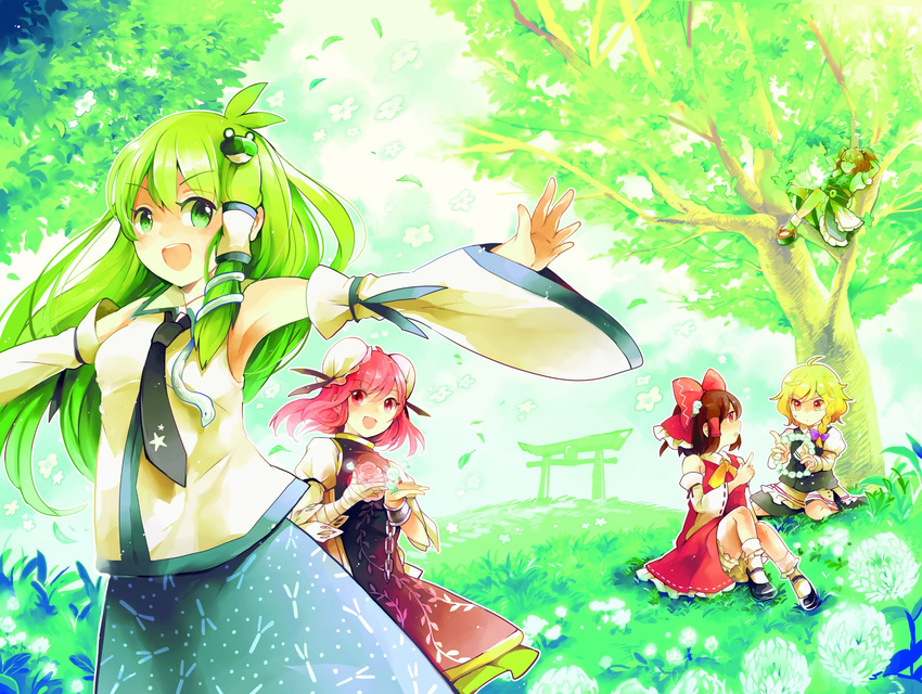 antenna_hair armpits azuma_aya bandages blonde_hair bloomers bobby_socks bow brown_hair chain clover_(flower) cuffs detached_sleeves flower grass green_eyes green_hair hair_bow hair_tubes hakurei_reimu highres ibaraki_kasen kirisame_marisa kochiya_sanae multiple_girls necktie official_art onozuka_komachi outstretched_arms pink_eyes pink_hair red_eyes sitting skirt socks spread_arms star torii touhou tree underwear wariza wild_and_horned_hermit wreath