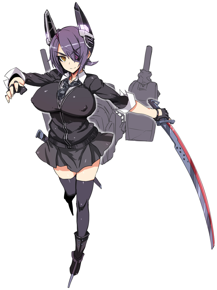 black_legwear breasts brown_eyes covered_nipples denki_shougun eyebrows eyepatch fingerless_gloves gloves highres kantai_collection large_breasts left-handed looking_at_viewer purple_hair short_hair simple_background skirt smile solo sword tenryuu_(kantai_collection) thighhighs weapon white_background zettai_ryouiki