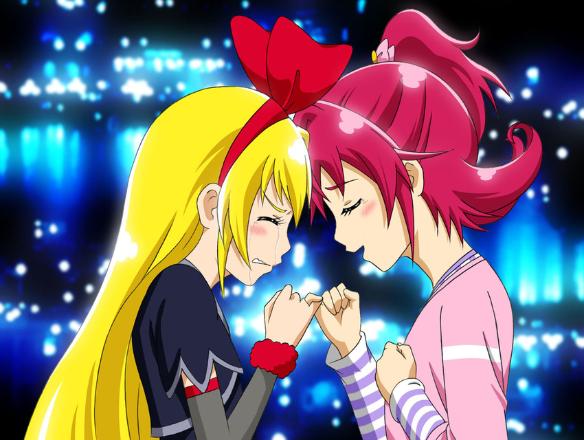 aida_mana blonde_hair blush city_lights closed_eyes dokidoki!_precure fuchi_(nightmare) hairband half_updo hand_on_own_chest long_hair multiple_girls night pink_hair pinky_swear precure profile red_ribbon regina_(dokidoki!_precure) ribbon short_hair tears