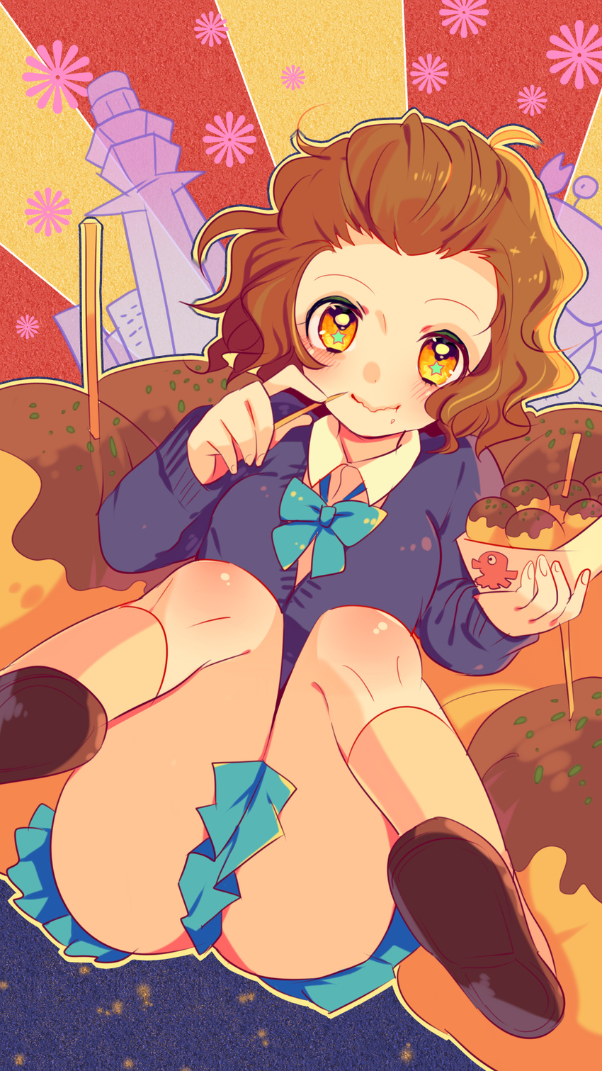 blush bow brown_hair eating food highres idolmaster idolmaster_cinderella_girls long_sleeves miyukiyo namba_emi short_hair smile solo star tower yellow_eyes