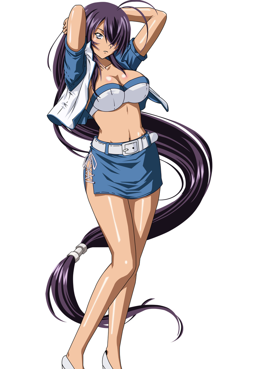 absurdly_long_hair absurdres arms_behind_head black_hair breasts cleavage collarbone grey_eyes hair_over_one_eye highres ikkitousen incredibly_absurdres jacket kan'u_unchou large_breasts long_hair looking_at_viewer low-tied_long_hair miniskirt navel open_clothes open_jacket shiny shiny_skin simple_background skirt solo strapless tied_hair very_long_hair white_background