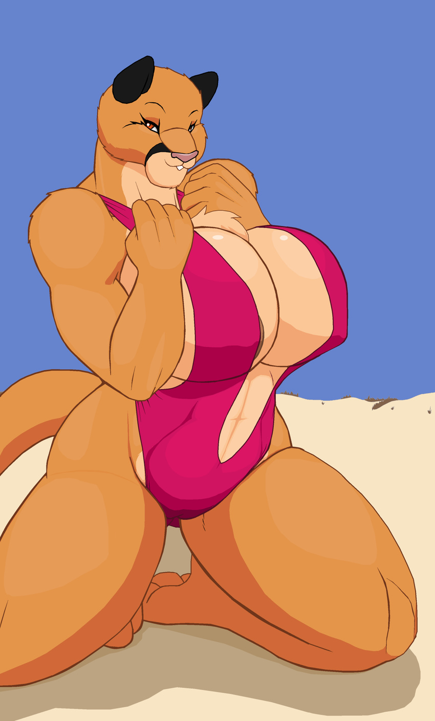 anthro beach big_breasts bikini breasts cleavage clothed clothing cougar droll3 feline female huge_breasts kneeling mammal pink_nose pose sand seaside sling_bikini solo swimsuit thick_thighs tight_clothing voluptuous