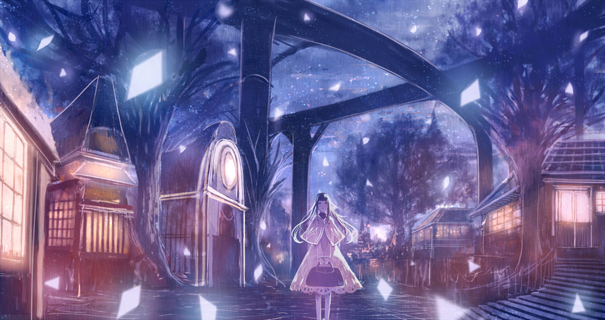 bag brown_hair building capelet dress light_particles long_hair night original sakimori_(hououbds) scenery solo standing star_(sky) tree