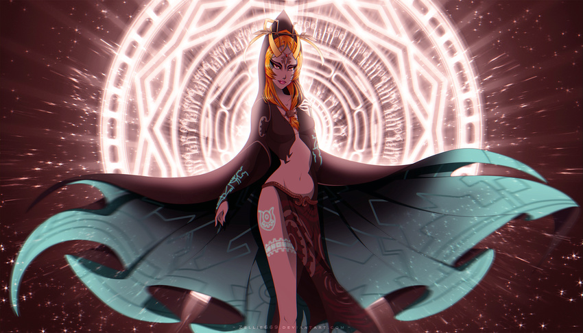 breasts cloak eyeliner front_ponytail hair_ornament highres hood lips loincloth long_hair magic_circle makeup midna midna_(true) navel neon_trim orange_hair red_eyes slender_waist small_breasts solo sparkle spoilers tattoo the_legend_of_zelda the_legend_of_zelda:_twilight_princess watermark web_address yellow_sclera zellie669